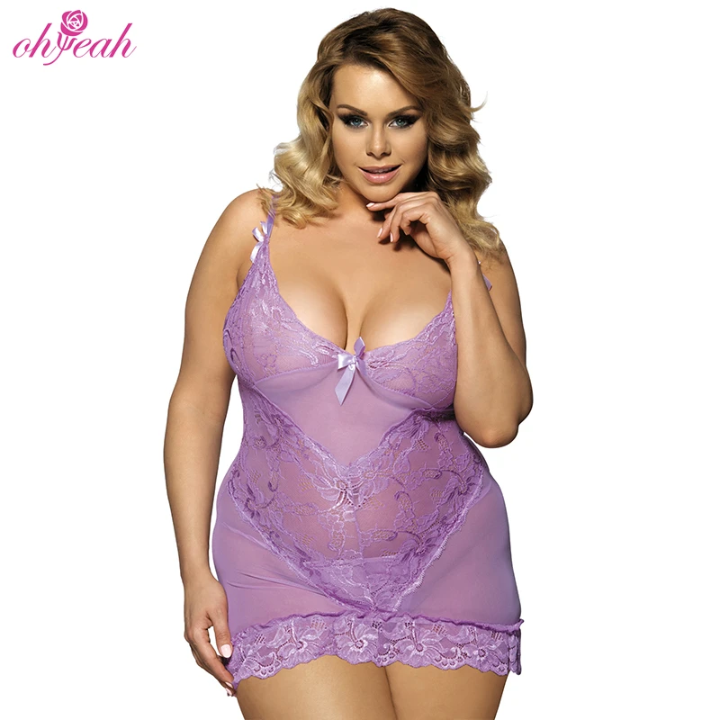 

High Quality Mesh Lace Sleepwear Babydoll Nightwear Purple Lingeries Women Plus Size Fat Girl 2 Pieces Lingerie 6xl 4xl 5xl