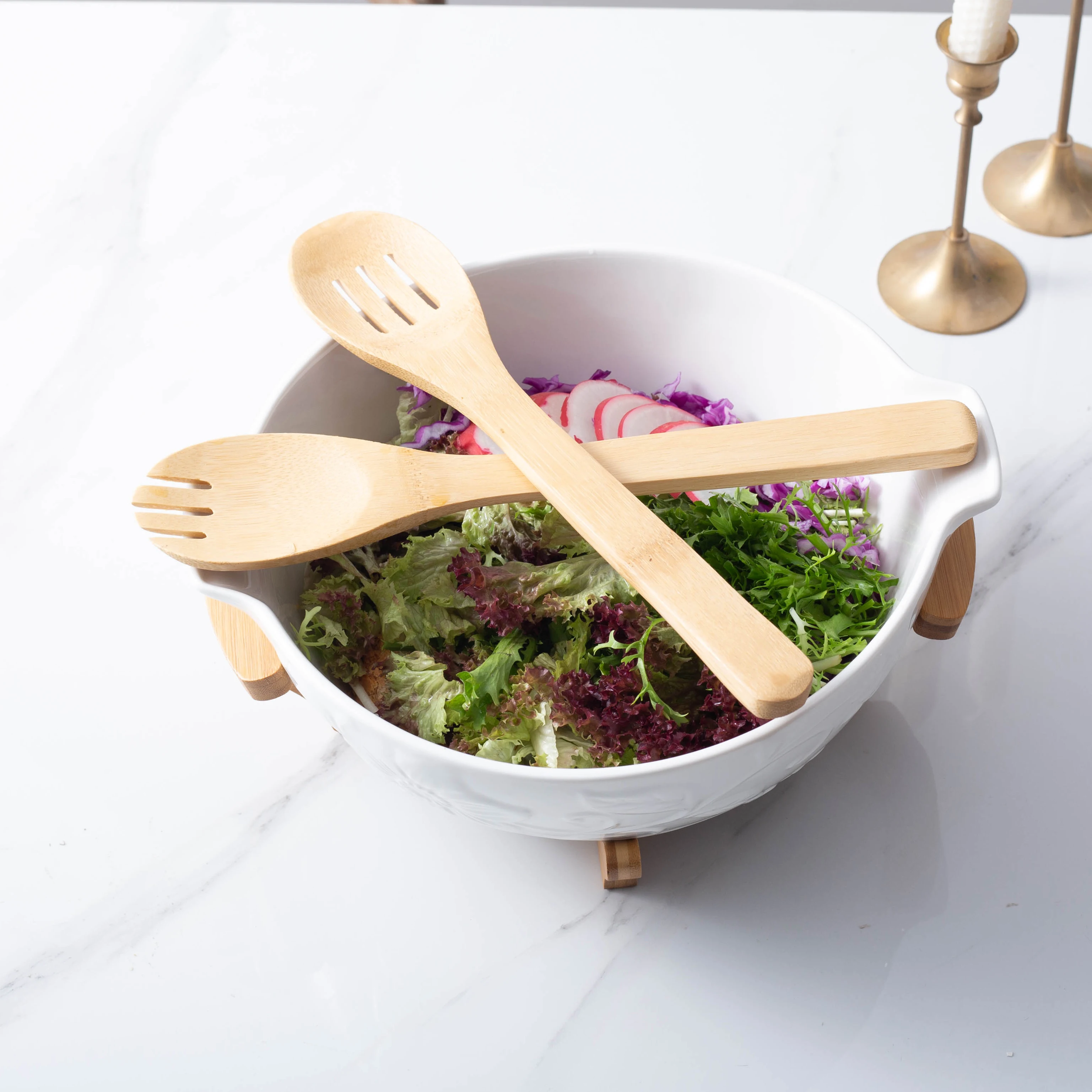 

Over size Salad Mixing Bowl Food Serving Porcelain bowl With Bamboo Stand, White