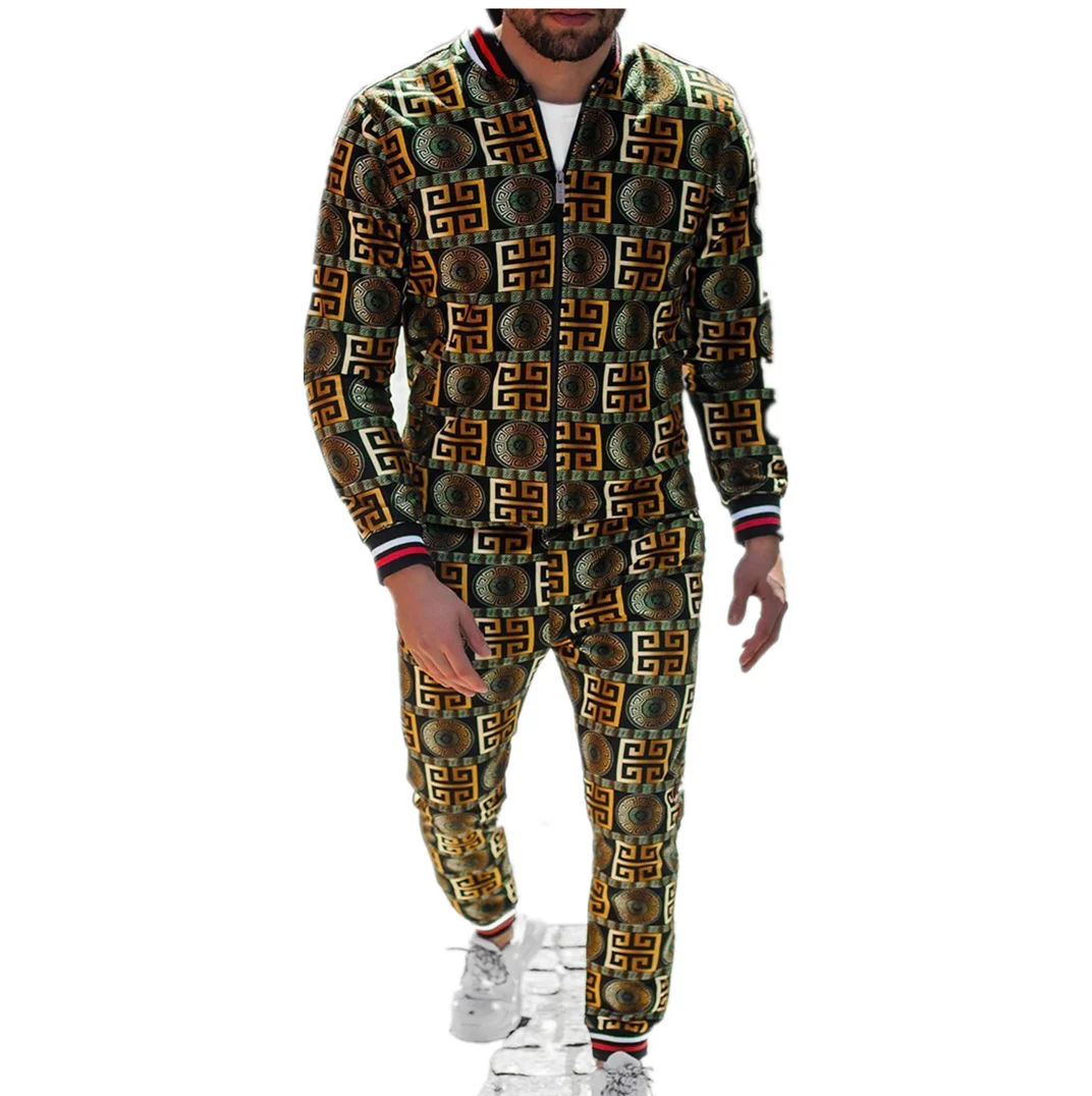 

Gentleman casual Tracksuit Fashion Zipper Jacket Sports Pants Print Sets Big Size M-3XL Suits 2 Pieces Set Streetwear Sportswear