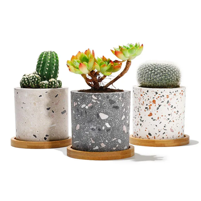 

Unglazed Concrete Cactus Cylinder Pot Succulent Plant Pots Terrazzo Planter with Bamboo Tray, As show or customized