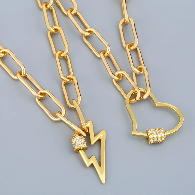 

2020 Punk Jewelry CZ Carabiner Lock Lighting Heart Pendant Necklace 18k Gold Plated Link Chain Choker Necklace