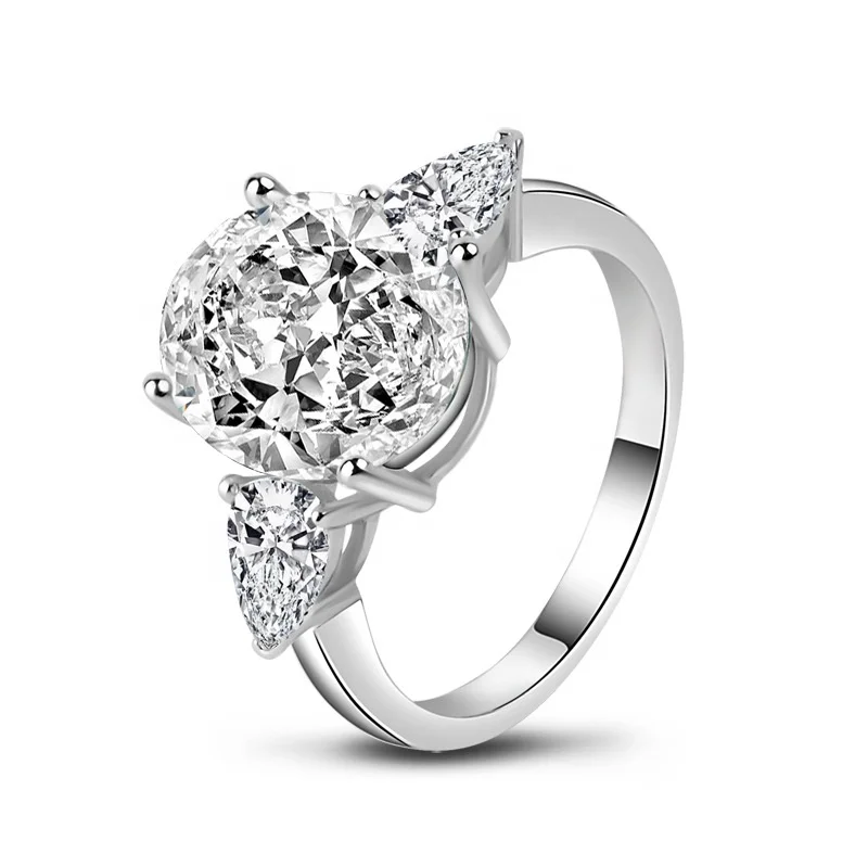 

White Gold Plated 925 Silver Oval Cut Diamond Brilliant Three Stone Engagement Ring