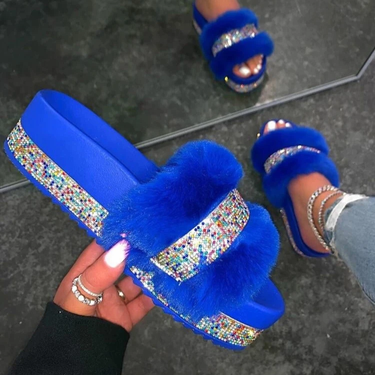 

New Arrival Girls Furry Sandals Winter Plush Warm Rhinestones Big Size Flip Flops Glitter Woman Wedge Blue Green Fur Sandals, Green, blue,black,khaki