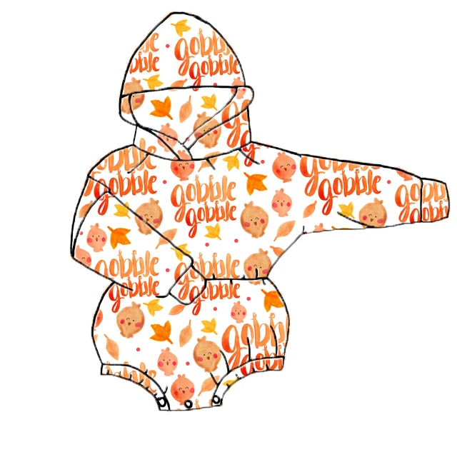 

QL2021 kid boutique wholesale toddler onesie thanksgiving turkey printing longsleeve bubble hoody romper baby girl clothes