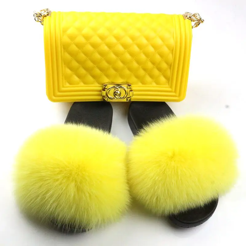 

2020 hotsale luxury bags women colorful purse jelly handbags real fur fox slides slippers piece set In Stock, Multi color