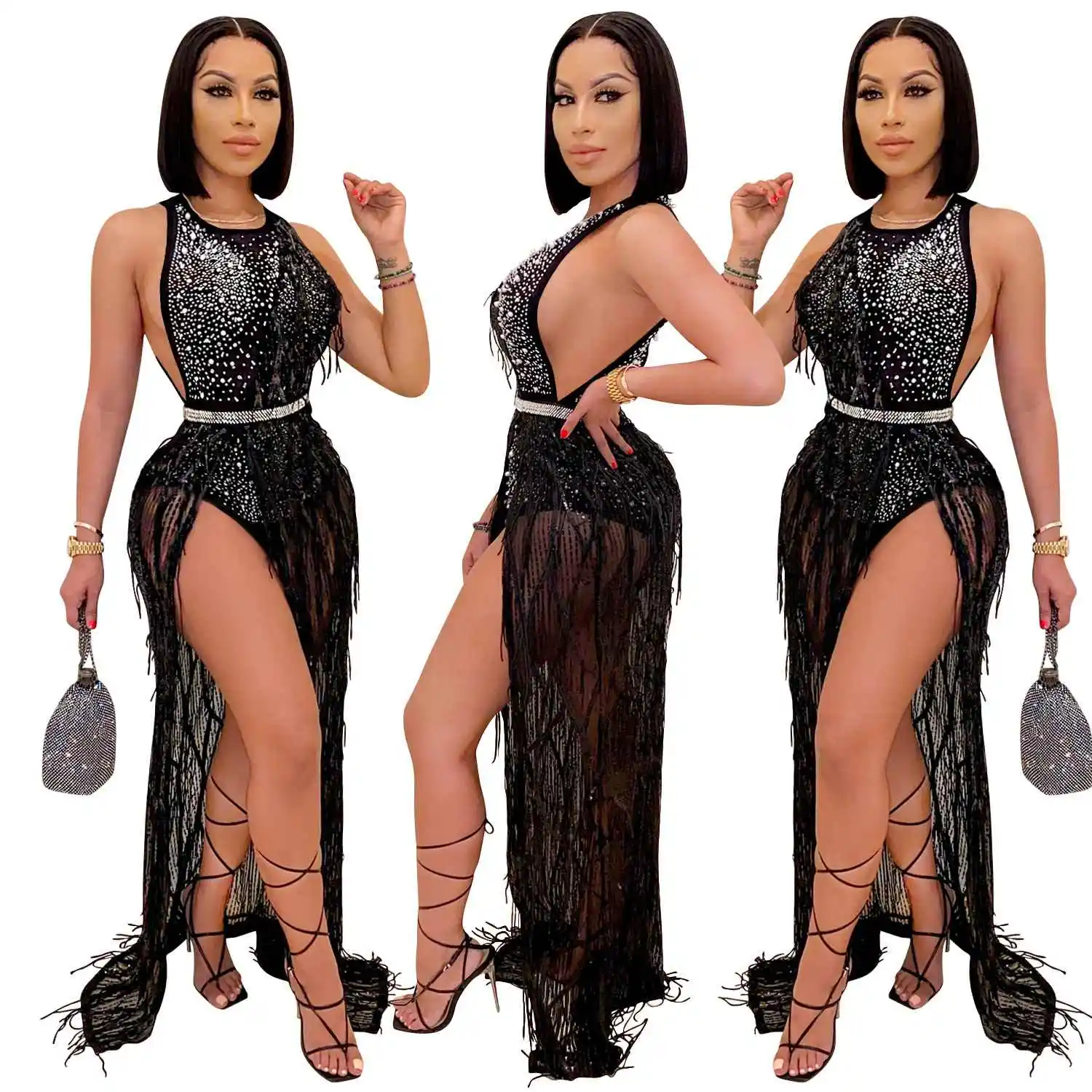 

Hot diamond sequin tassel two-piece female off shoulder extreme party mesh dress sexy, Black