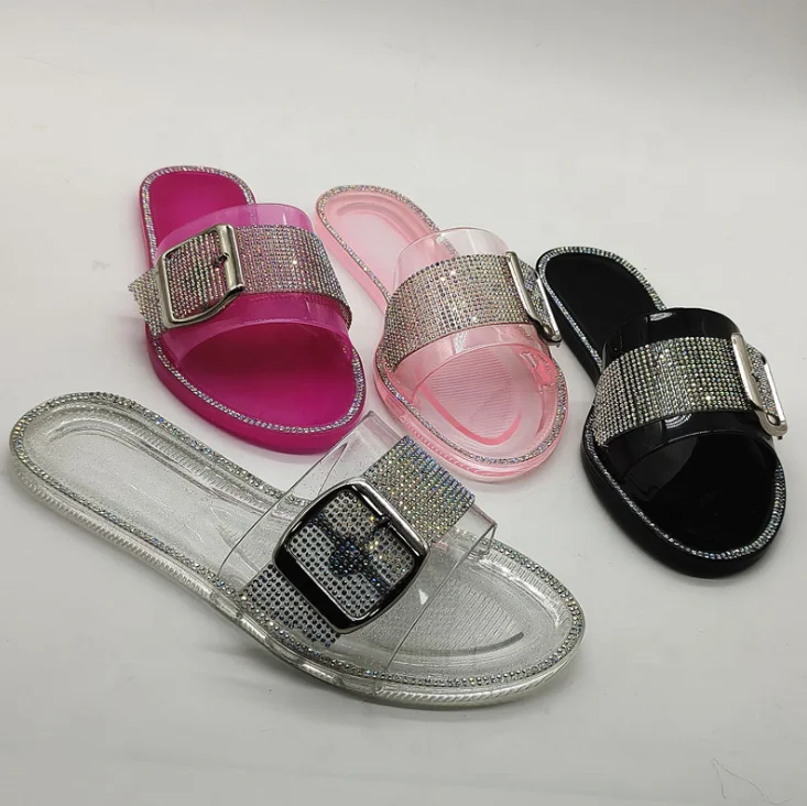 

Luxury Crystal Sandals For Women Eva Rhinestone Flat Jelly Buckle Shoe Women Slippers Girls Flat Slippers Women Beach Slides, Silver/purple/black/pink