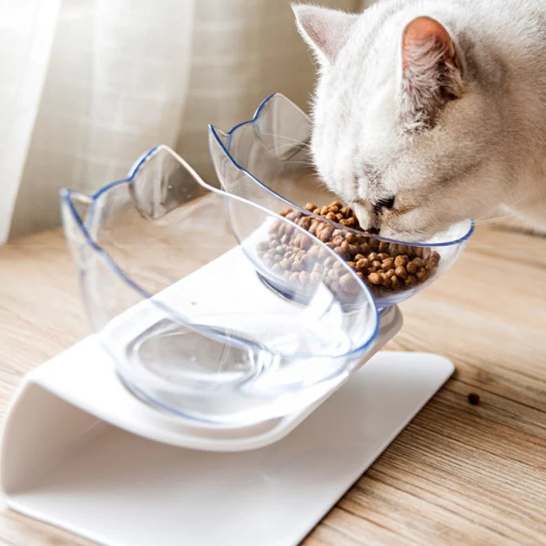 

Tilted 15 Degrees Transparent Cat Dog Food Bowl Cervical Spine Protect Elevated Cat Bowl Double Pet Cat Bowl, White