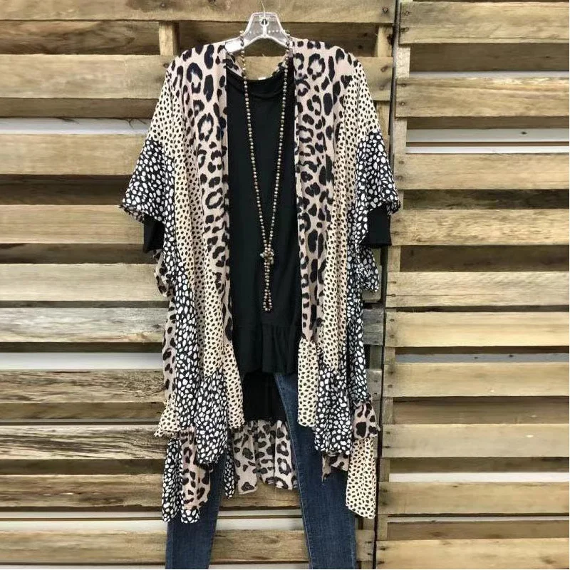 

T331 Women Leopard Print Kimono Patchwork Cover Up Plus Size Beach Cardigan