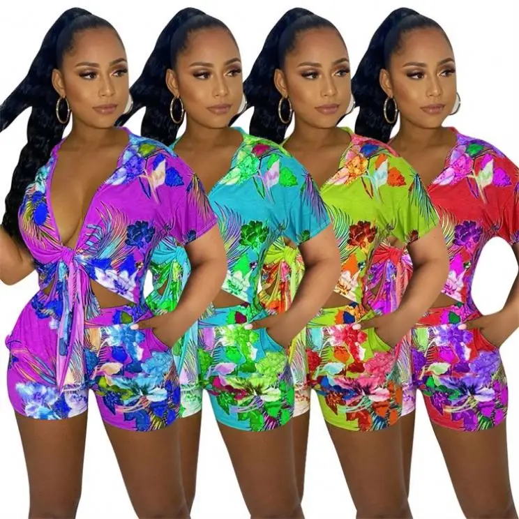 

AOMEI Lowest Price Summer 2021 Tropical Flower Print Bandage Shirt Top Women Short Pants Jumpauits And Rompers