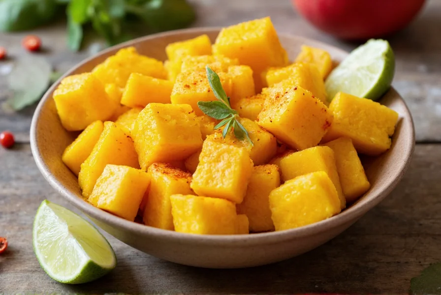 Colorful bowl of mango cubes sprinkled with chili powder and lime wedges