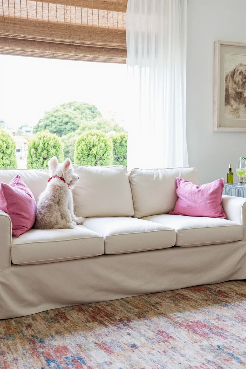 Happy family sitting on a slipcovered sofa with their dog and cat, enjoying a peaceful evening at home