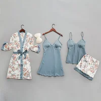 

Summer Sexy Satin Pajamas Women Fashion Print Silk Women Sleepwear Four piece Spaghetti Strap Pyjamas