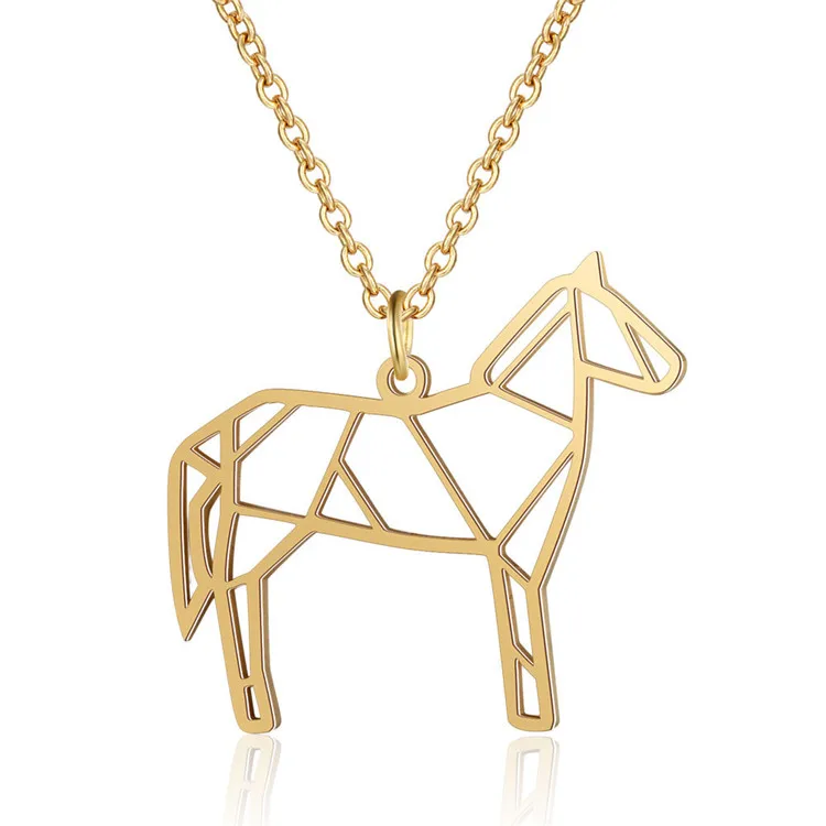 

Minimalist Animal Jewelry Stainless Steel Origami Art Hollow Out Horse Shape Pendant Necklace, As picture shows