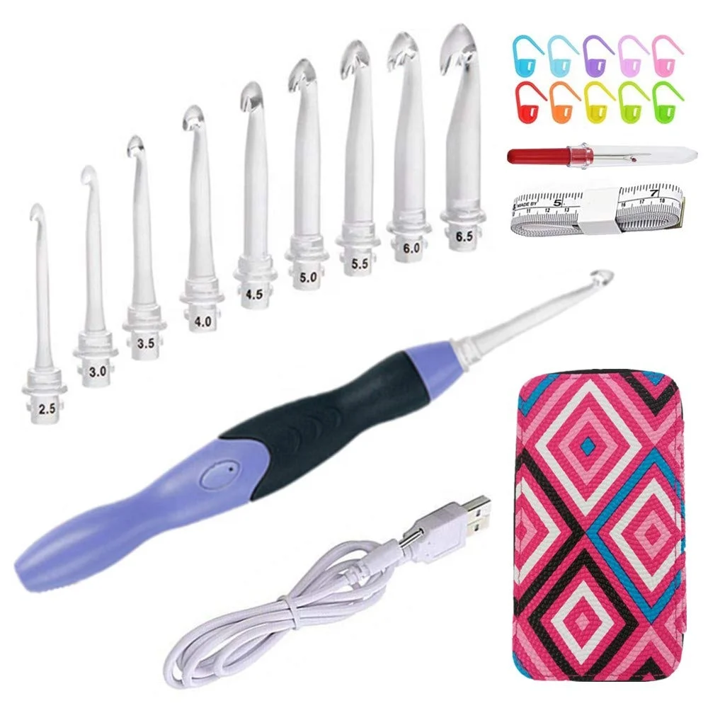 

Light Up 9 in 1 Interchangeable Heads Rechargeable Lighted LED Crochet Hooks Set Knitting Needles, Red, pink, blue, etc