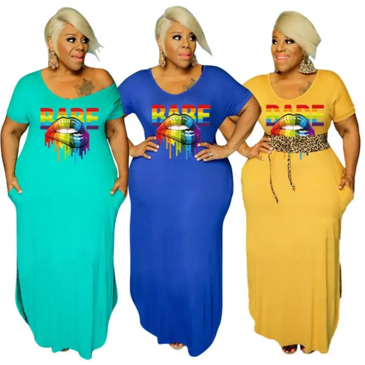 

Babe Lip Print Side Pockets Plus Size Maxi Women Clothing Dress, Picture color