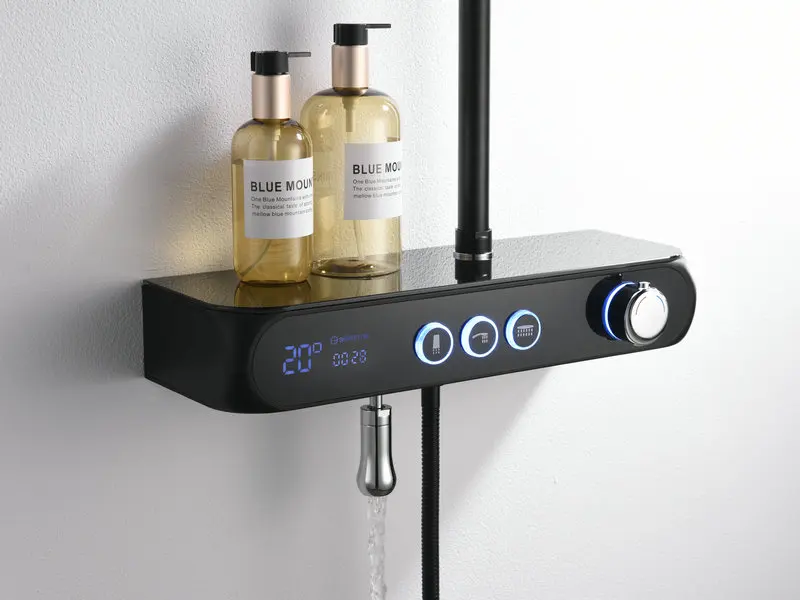 
black digital thermostatic bathroom faucet with rain head shower and hand shower for shower mixer set 