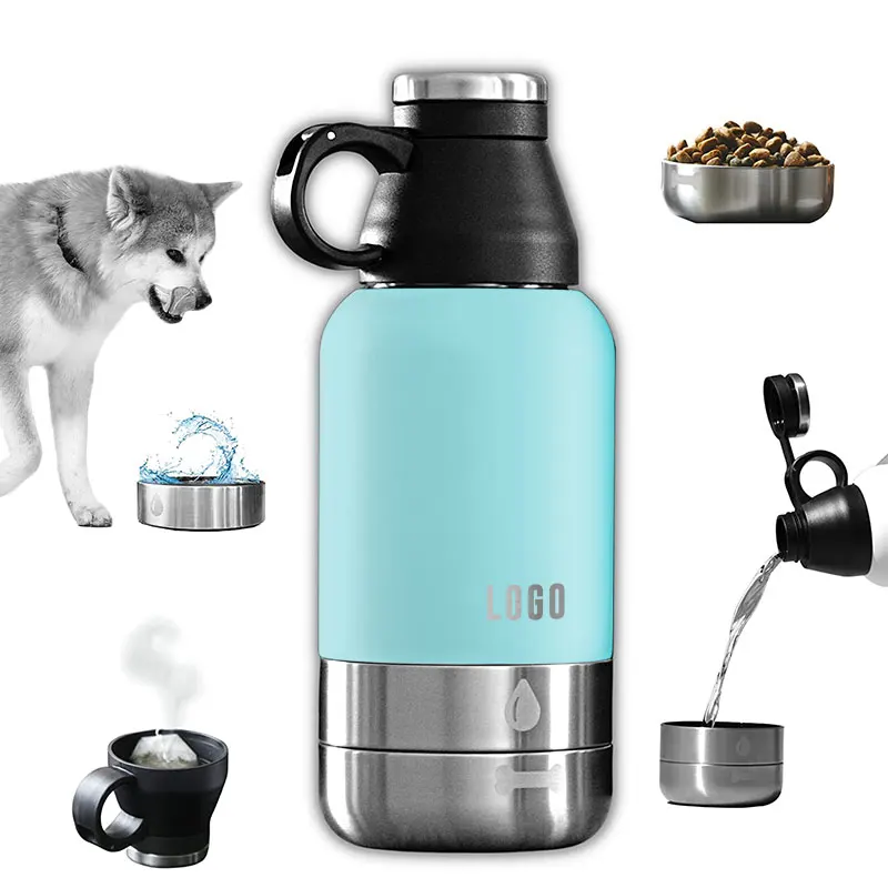 

2023NEW 3 in 1 everich hot sale32oz 64oz Double Wall Stainless Steel dog water bottle with 2 bowls Pet feeder for outdoor travel