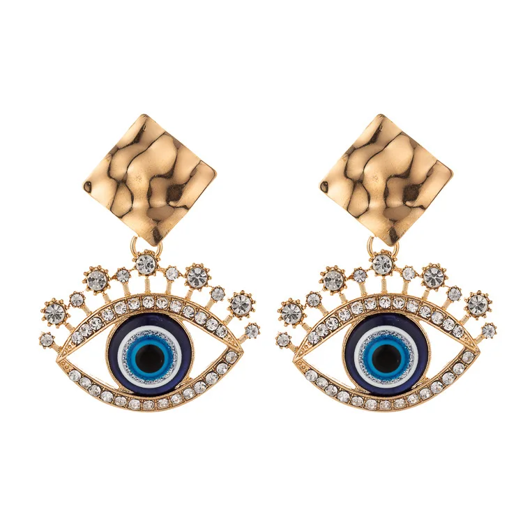 

European Fashion Exaggeration Micro Zircon Blue Evil Eyes Drop Earrings Geometric Full Diamond Devil Eyes Pendant Earrings