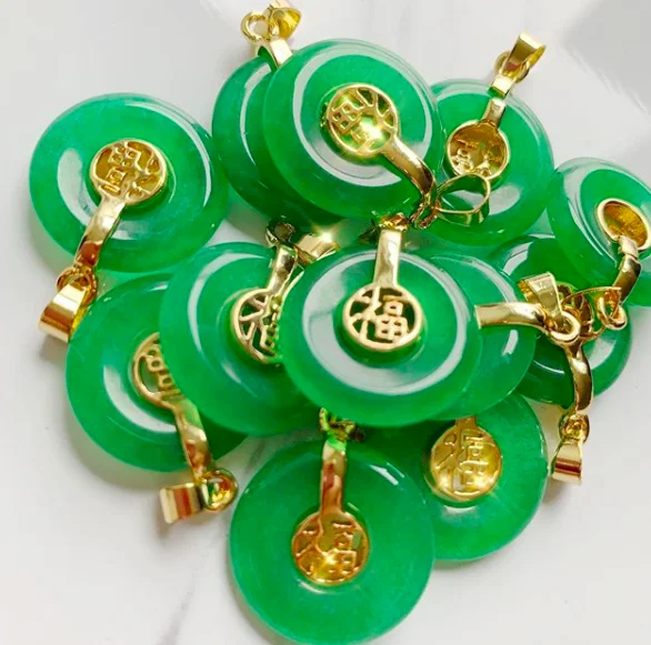 

Jialin jewelry ins gold filled natural stone pink and green fu Emerald jade donut Jade Good Fortune Medallion pendant necklace