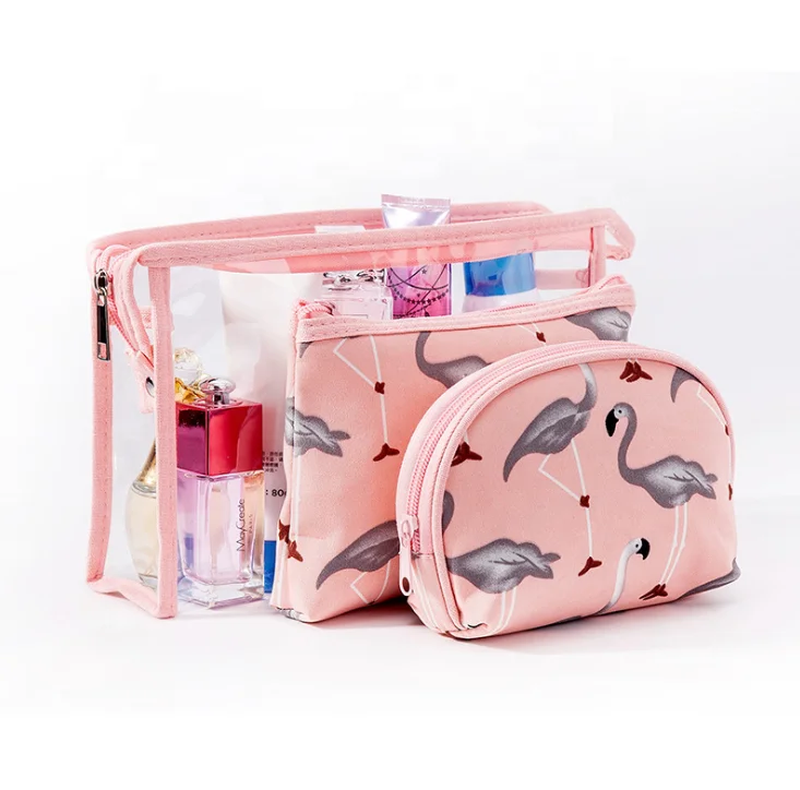 

Portable Carry Flamingo Animal Prints PVC 3 pieces Makeup Cosmetic Bag Set, Assorted