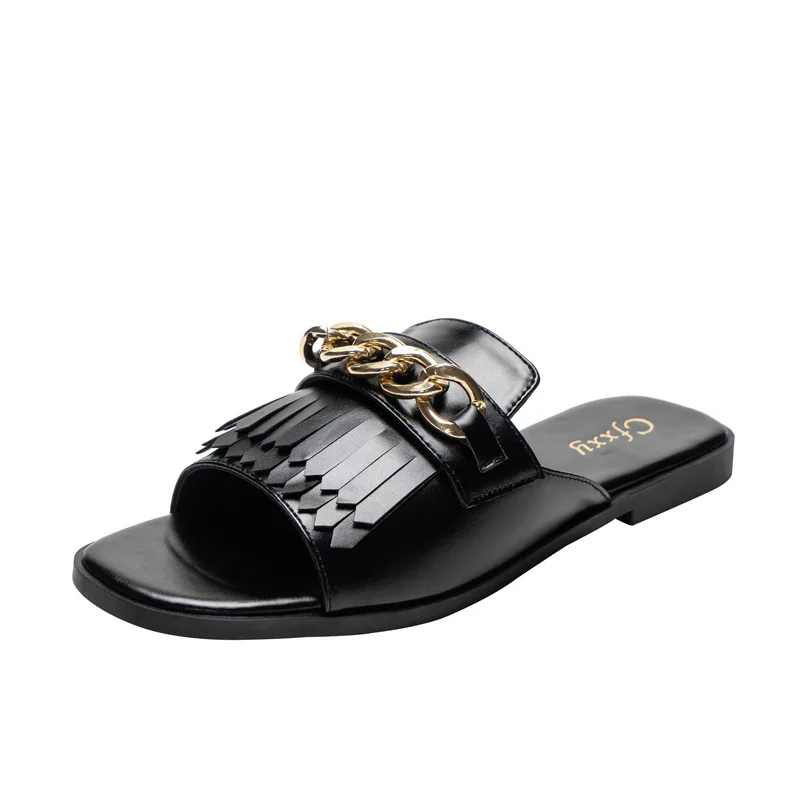 

Summer Women Slides Chain Square Cut Out Ladies Flat Form Sandals Outdoor Holiday Sandals