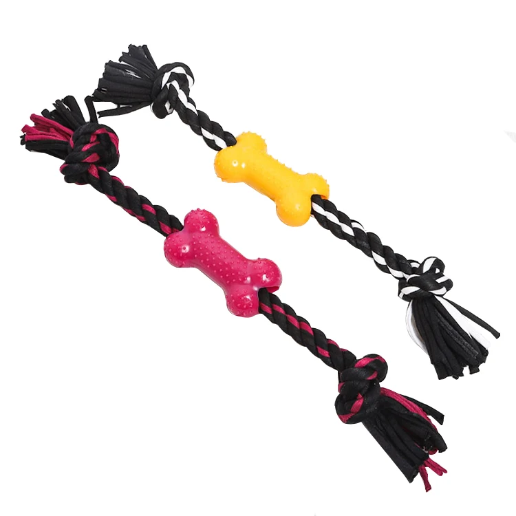 

Amazon Best Seller Bite Resistant Double Knot Bone Dog Toy Teeth Cleaning Durable Cotton Rope Chew Pet Toy, Rose red, yellow