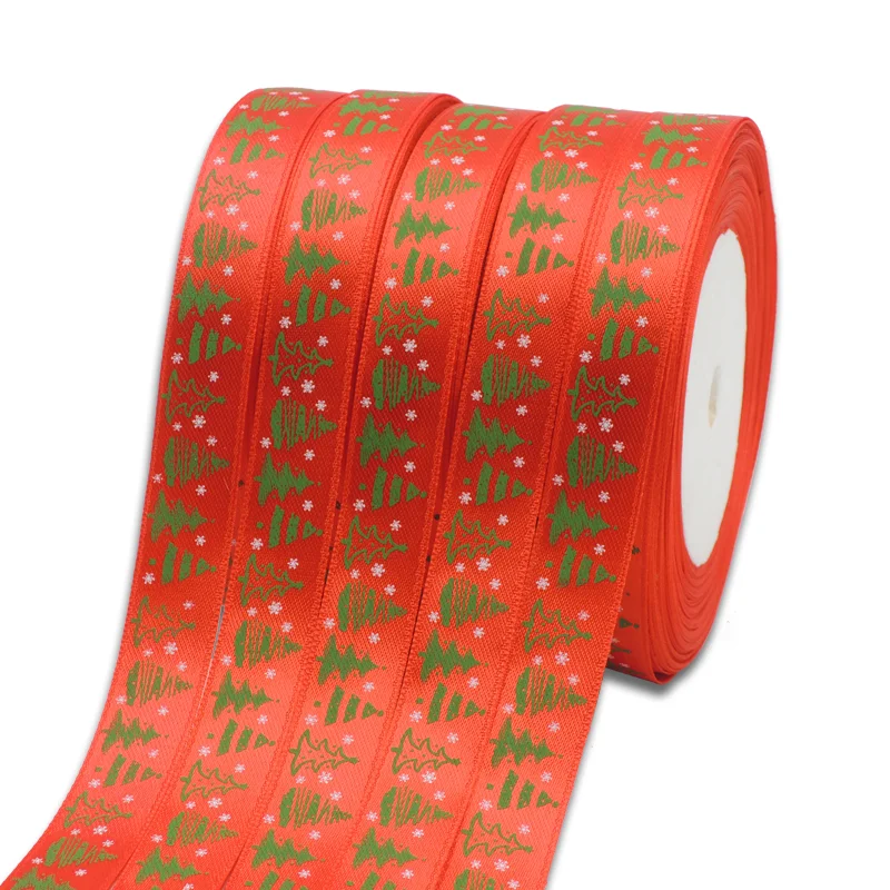 

MSY 5/8 inch Red Green Christmas Tree Pattern Satin Ribbon Gift Packing Satin Single Face Ribbons Printed In Stock