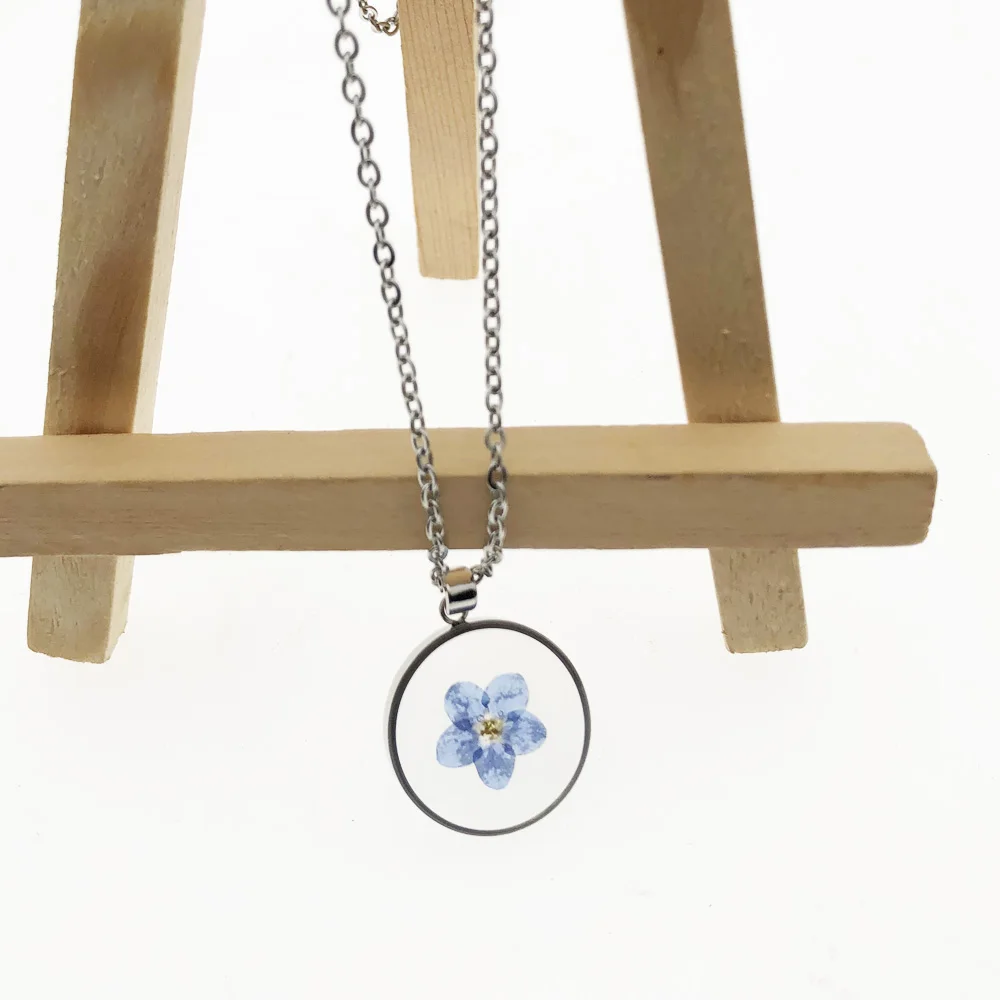 

20MM Stainless steel silver dainty dried pressed forget me not flower necklace for her best gift
