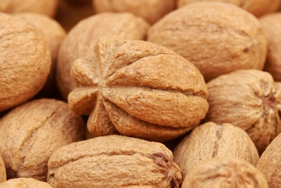 Nutmeg seeds next to common kitchen spices showing comparison of health benefits
