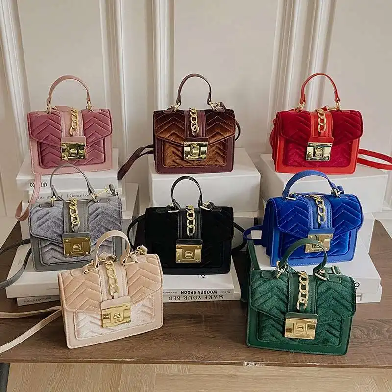 

2021 unique fashion fall winter square velvet chains handbags for women luxury trendy geometric shoulder ladies bag purses, Green, pink, brown, black, blue, red, gray, khaki