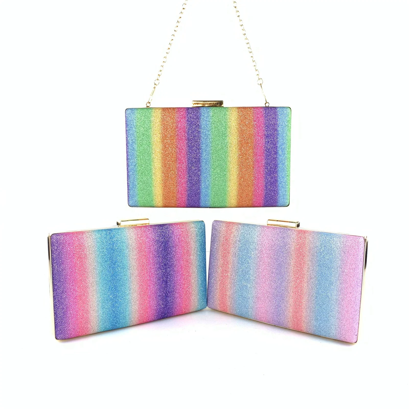 

Hot Fashion Sequin Evening Party Rainbow Square Chain Hand Bags Clutch Bag For Women
