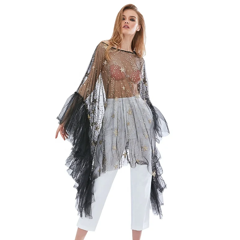 

TWOTWINSTYLE Long Sleeve Asymmetrical Stylish Sexy Mesh Midi Women Dress