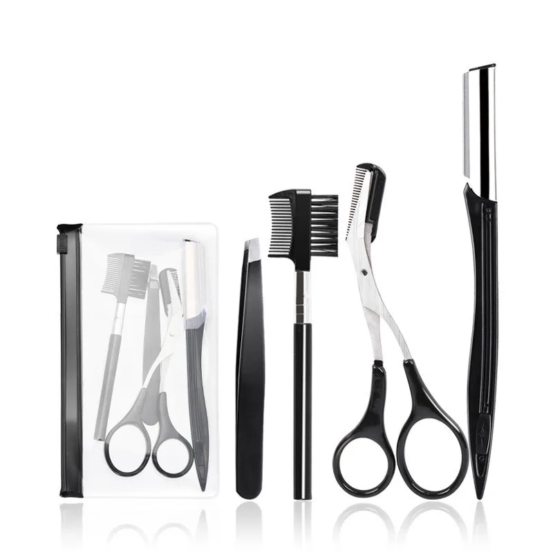 

Stainless Steel Beauty Tools Eyebrow Combing Eyebrow Trimming Scissors Eyelash Curler Four-piece Eyebrow Trimming Set, Black, white