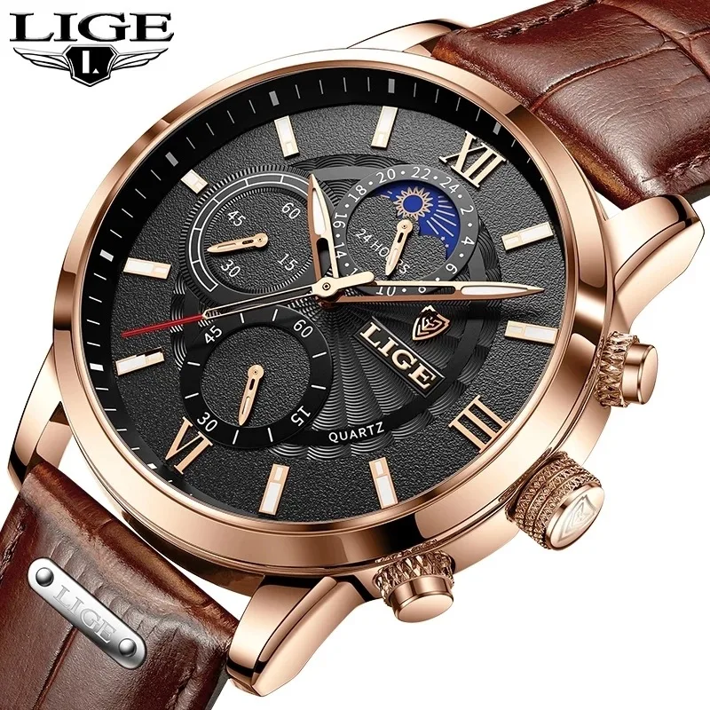 

LIGE 8932 Watches Men Wrist Luxury Casual Leather Moon Phase Luminous Wrist Watch Reloj Sport Quartz Wristwatches Men Watch, 5-colors