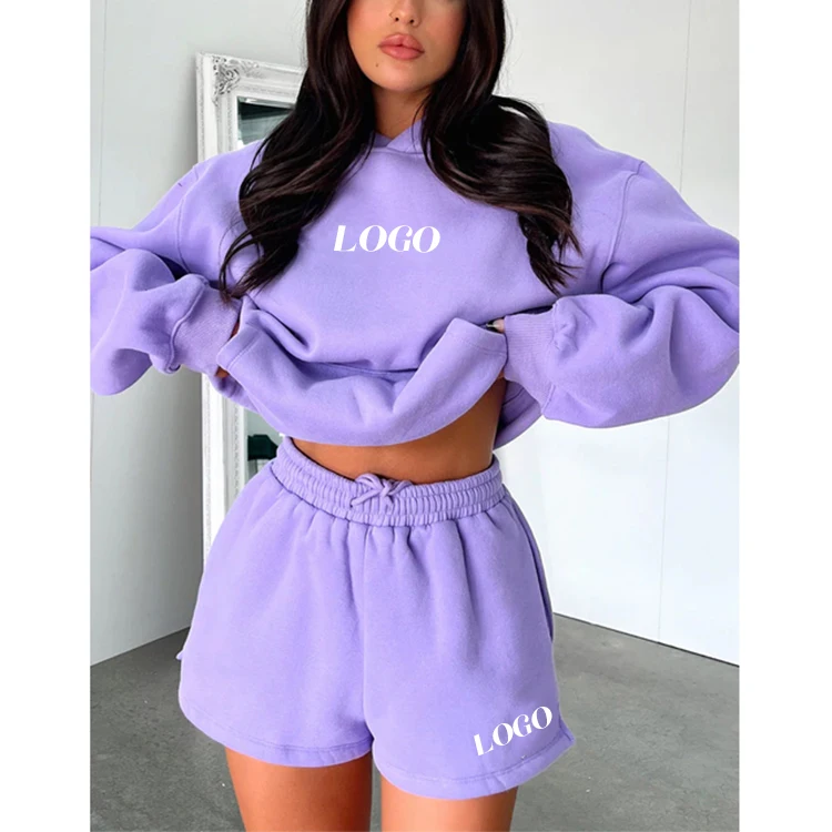 Custom logo sportswear short sweat suits set women hoodie and shorts set french terry  two piece short set 2023