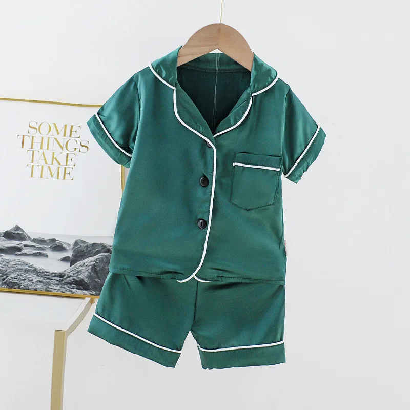 

Fashion green plain satin short sleeve wholesale pjs for girls kids for summer