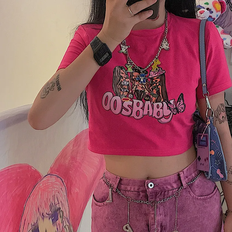 

Women Ins Fashion Short Sleeve Tee Shirts Sexy Streetwear Crop Top Slim Trendy Casual Shirts