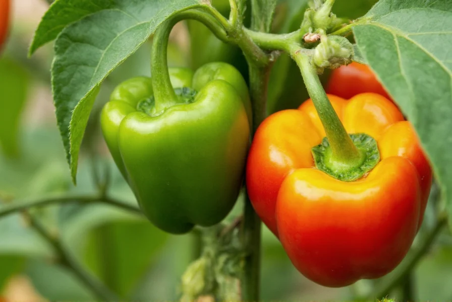 Close-up view of green bell peppers on plant showing their unripe stage compared to red and yellow peppers