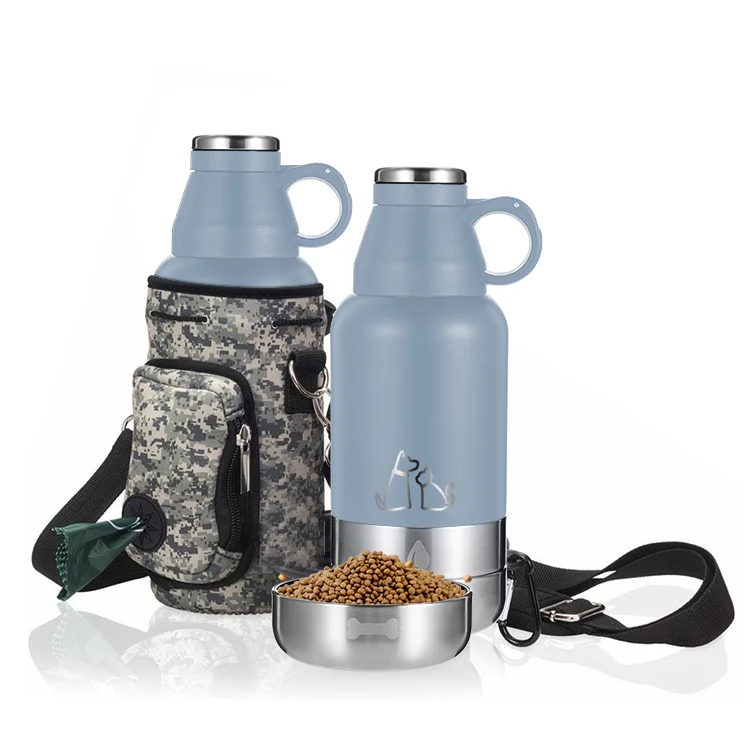 

2022 New trend 3 in 1 double wall Stainless Steel Leak Proof Dog Bowl Attached to Stainless Steel Insulated Travel Water Bottle, Customized color