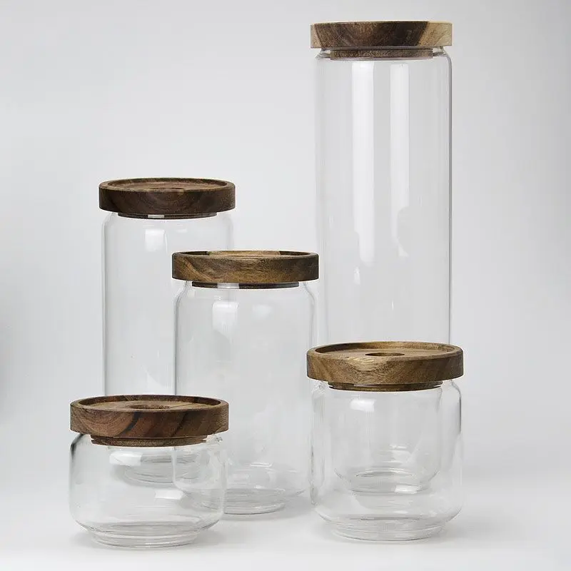 

Wholesale Transparent Sealed Glass Candy Jar with Acacia Wood Lid Glass Storage Jar Vacuum Candy Storage Tank