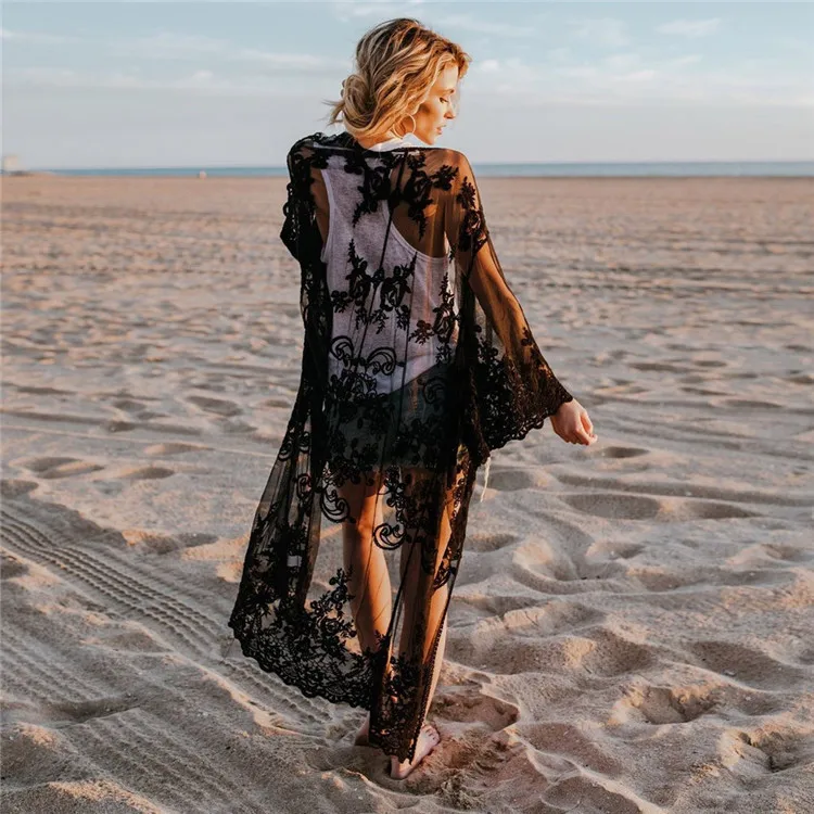 

Fashion Women Floral Mesh Lace Loose Fit Embroidery Kimonos Plus Size Flare Sleeve White Cardigan Cover Up Lace Kimonos