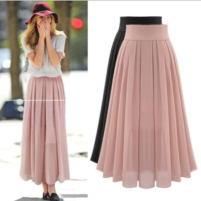 Wholesale Fashion Design Casual Plain Summer Chiffon Pleated Long Maxi Women Skirts
