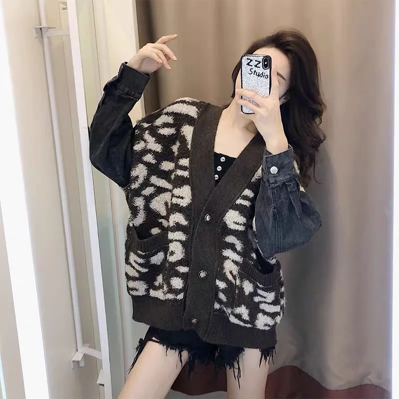 
leopard jacquard cardigan with contrasting jean sleeves buttoned knit sweater 