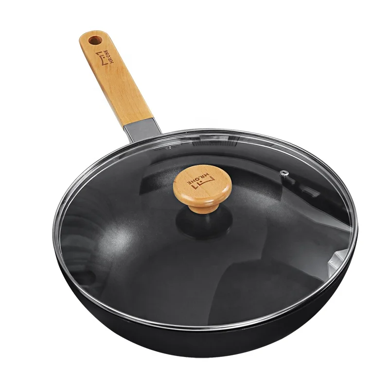 

MRONE Non-stick Wok Burner 2022 Latest Quality Cast Aluminum Wok Chinese Wok Stove Wooden Handle Glass Cover