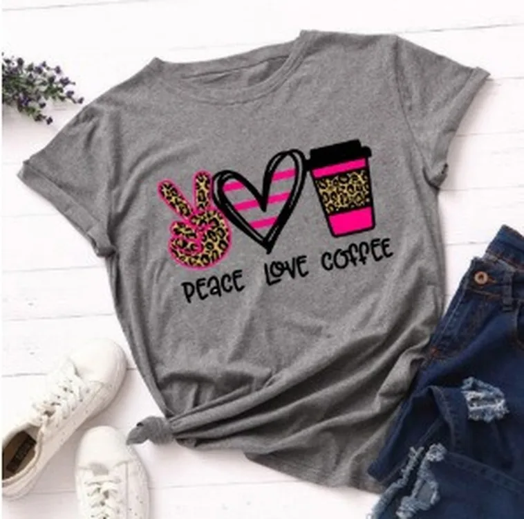 

Fashion T Shirt Woman 2021 Tops Tshirt Leopard Peace Love Coffee Streetwear Casual O-neck T-shirt Summer Female Tee Shirts Women