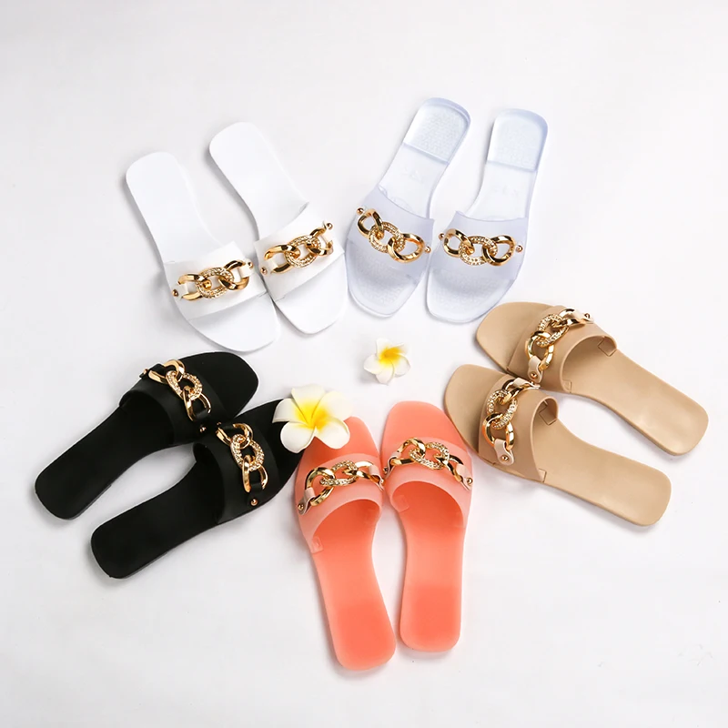 

New 2021 fashion square head design chain women jelly pvc sandals crystal slippers, Picture