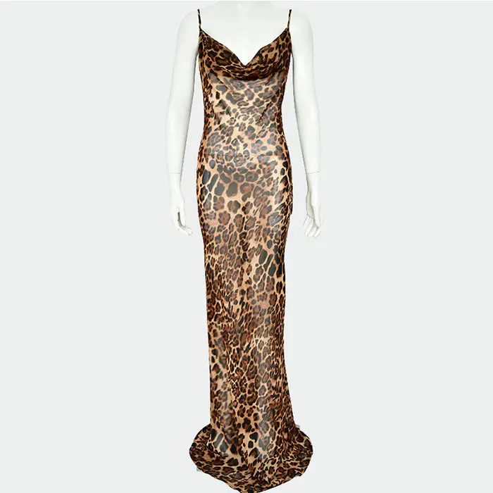 

Fashion Spaghetti Strap Leopard Print Party Casual Dress Women Boho Backless Long Beach Maxi Dress