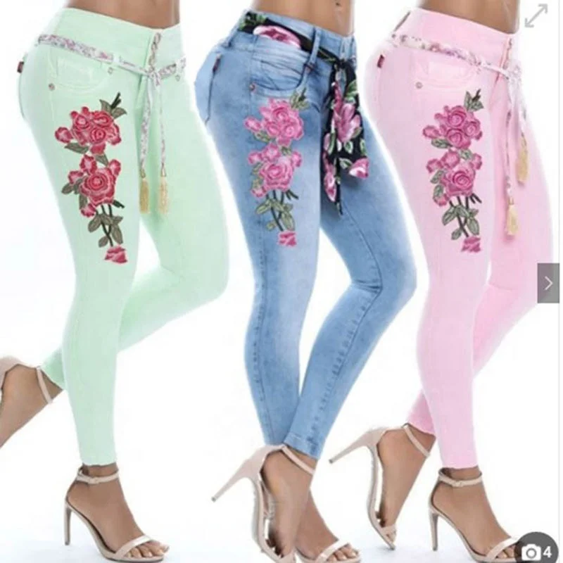

5Xl 2021 Women Stretch High Waist Skinny Embroidery Jeans Floral Print Denim Trousers Plus Size Women Pencil Pant