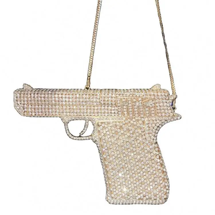 

Wholesale Diamond Clutch Rhinestone Bag Wedding Party Evening Crystal Purses Handbag Bling Gun Shape Purse, Customized